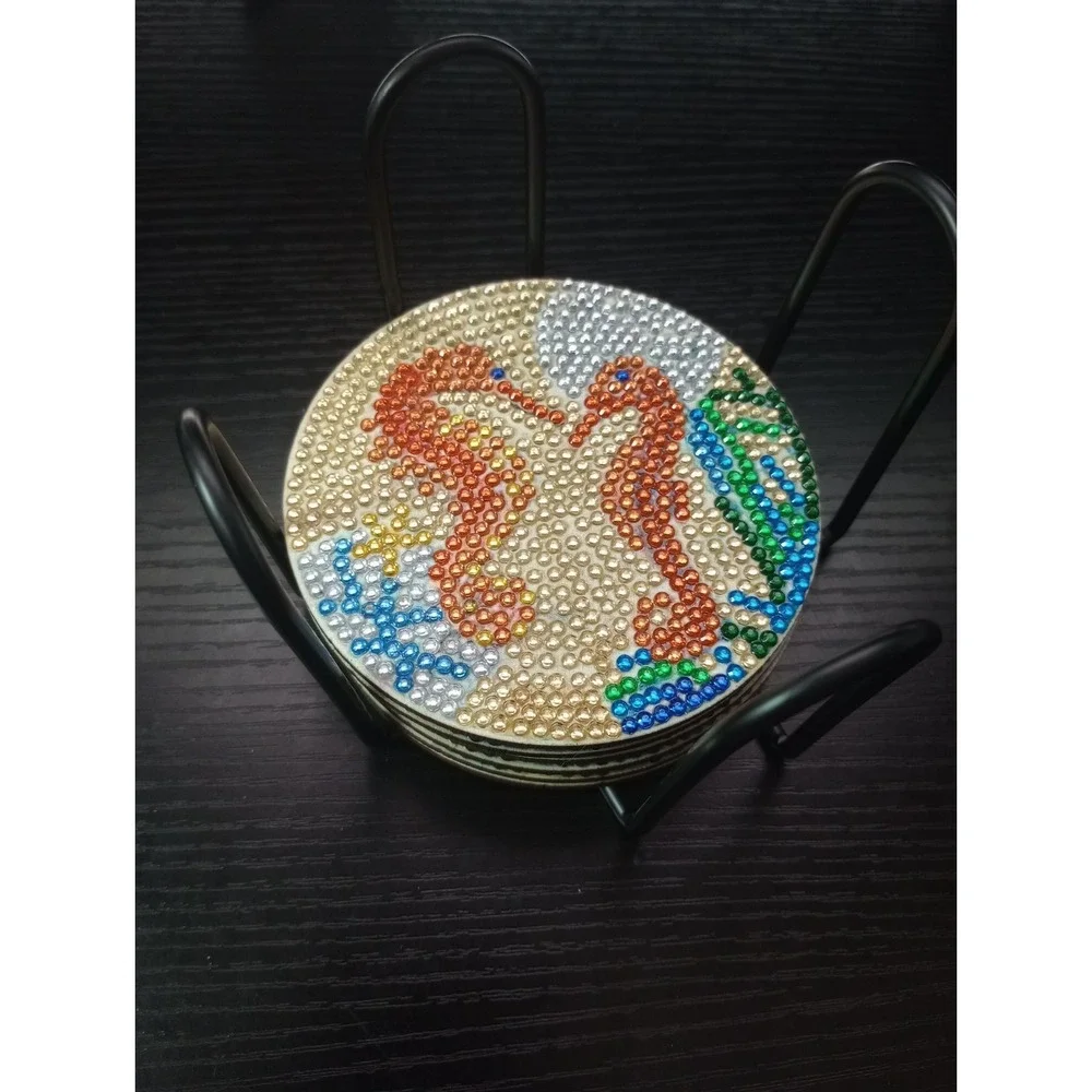 Handmade Diamond Art Sea Life Coaster Set of 6 Wood Cork Back Beach Ocean Decor